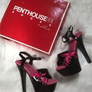 Black Patent Platform Sandals with Pink Accents